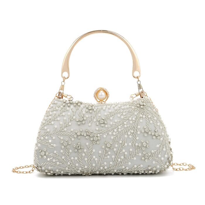 Жіноче клатч з перлинною вишивкою. Елегантна кришталева сумочка для весілля, вишукана вечірня сумочка, сумка для нареченої на ланцюжку для вечірок та випускних, срібляста.