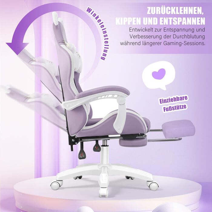Ігрове крісло, Офісне крісло, Ігрове крісло, Ергономічне ігрове крісло з підставкою для ніг, поперековою опорою, підголівником та котячими вушками, М&39яке ігрове крісло, Обертове крісло для дівчаток, 135 кг, Фіолетовий