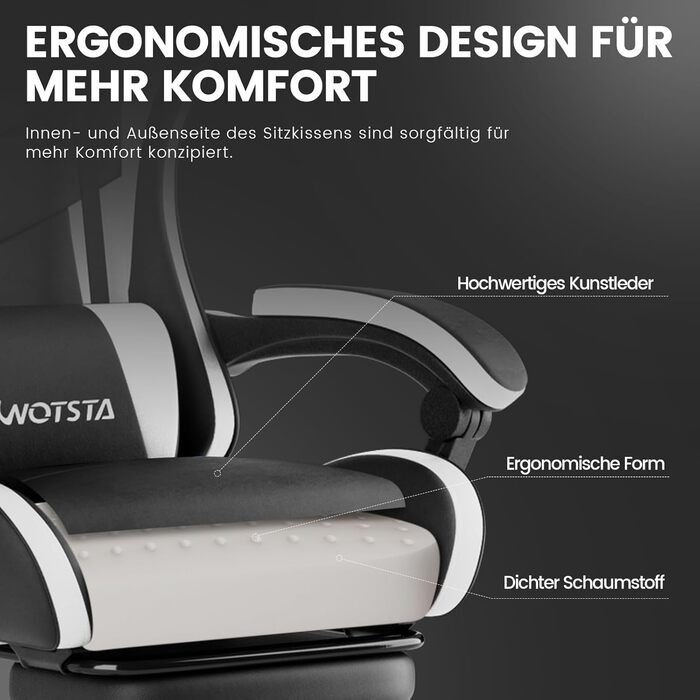 Ігрове крісло, Комп&39ютерне крісло, Ергономічне ігрове крісло з підставкою для ніг, Офісне крісло, Ергономічне комп&39ютерне крісло з поперековою опорою (BLKWT), Чорний/Білий