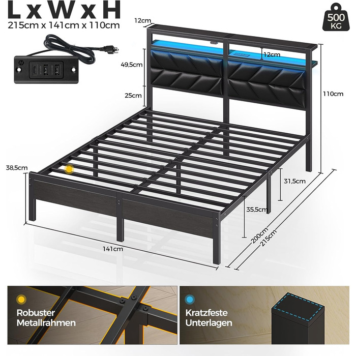 Ліжко Seventable 140x200 зі світлодіодним підсвічуванням, зарядною станцією (2 порти USB та 1 порт Type-C), металеве ліжко з м&39яким узголів&39ям та місцем для зберігання речей, двоспальне ліжко для спальні, чорне 140 x 200 см