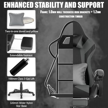 Ергономічне ігрове крісло Soontrans, ігрове крісло з пружинною подушкою, висувна підставка для ніг, підголівник, регульована висота, штучна шкіра, регульована спинка 90-135 (чорний/сірий)