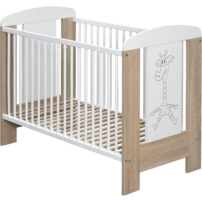 Дитяче ліжечко/ліжечко для малюків 120x60 см з масиву бука регульована висота в 3 напрямках, 3 знімні перекладини, перевірено EN 716 білий/сонома, жираф Модель Kamil