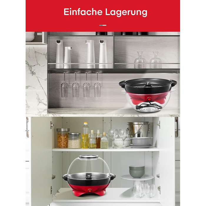 Машина для попкорну FOHERE, 5.5-літрова машина для дому, машина для попкорну з цукром, олією, маслом, антипригарним покриттям і знімною нагрівальною поверхнею, тиша та швидкість, велика кришка як миска для подачі червона