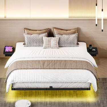 Каркас ліжка YITAHOME зі світлодіодним освітленням, зарядною станцією USB, інтерфейсом Type-C, плаваючим дизайном, металевим каркасом, тканинним чохлом (матрац не входить до комплекту), 180x200 см, чорний