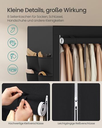 Шафа, Тканинна шафа для спальні, Шафа з вішалкою для одягу, Полиці, Бічні кишені, Велика, 4 відділення для вішалок, 45 x 189 x 180 см, Чорний RYG011BZ02 189B см
