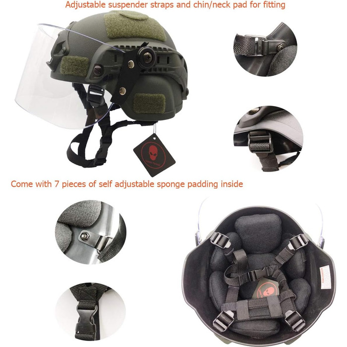 Тактичний шолом для страйкболу MICH 2000, військовий пейнтбол, з прозорим козирком, захисним щитком для обличчя, окулярами та бічною планкою, кріпленням для ПНВ, зеленого кольору