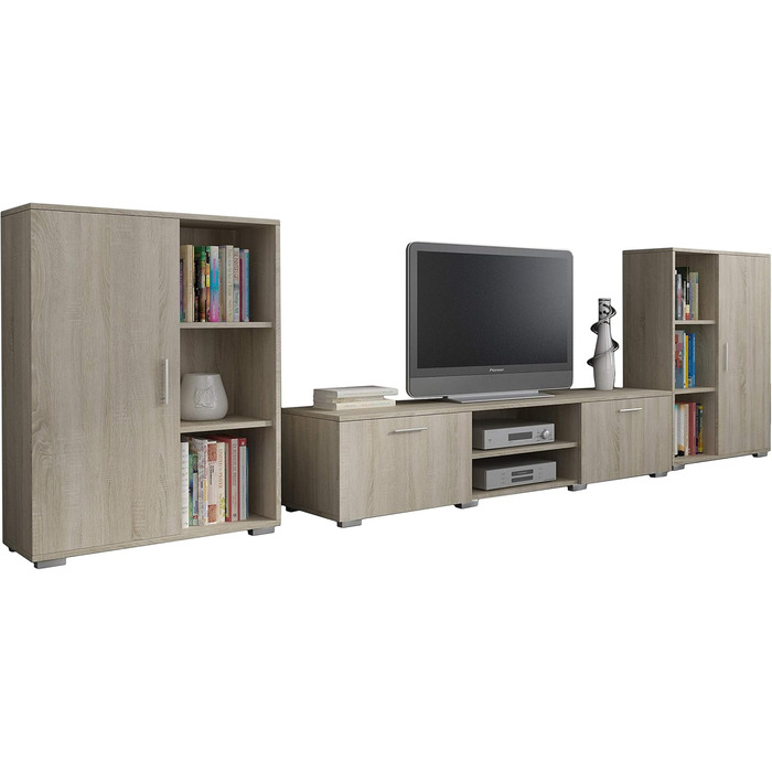 Настінна шафа для вітальні Herkules для життя, сучасна настінна шафа для вітальні, шафа для вітальні з тумбочкою під телевізор, буфетом та настінною полицею, повний комплект меблів для вітальні - Sonoma