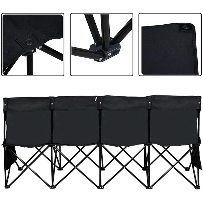 Лавка для кемпінгу Yaheetech, складна лавка, запасна лавка, футбольне сидіння, складна лавка для 4 осіб з сумкою для перенесення, чорна, 184x50x82,5 см