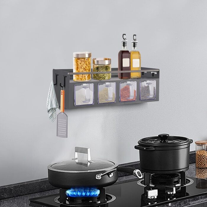 Підвісний органайзер для спецій з 4 знімними підставками для спецій, настінна кухонна підставка для солі, перцю, цукру, спецій (сіра)