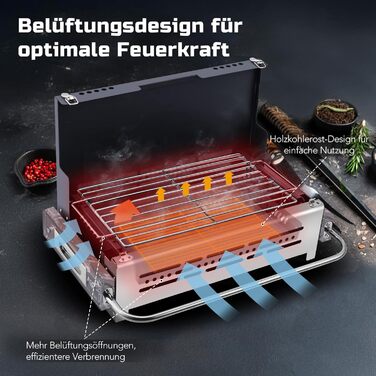 Портативний складаний гриль CHANGEMOORE, 46 см складаний гриль на вугіллі, регульована висота карбонової сітки, нержавіюча сталь 304, настільний гриль на вугіллі, ідеально підходить для кемпінгу, караванінгу та грилювання на свіжому повітрі