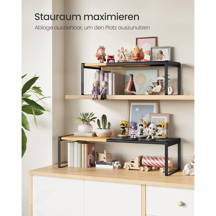 Стійка для спецій, набір з 2 шт. , висувна, кухонний органайзер, кухонна полиця, органайзер для шафи, тримач для спецій, кухня, невелика полиця, штабелюється, настільний органайзер, натуральний бежевий-чорний KCS051B01 2 натуральний бежевий чорнильний