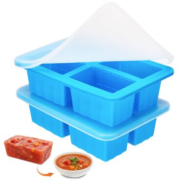 Контейнери для заморожування супів, 2 шт., силіконові кубики для супу з кришками, морозильна камера без бісфенолу А, лоток для кубиків льоду в морозильній камері для бульйону, соусу та льоду (синій)