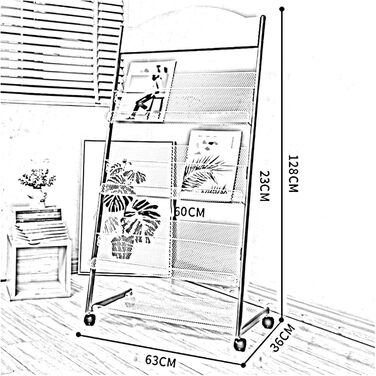 Тримач для журналів Підлогова підставка для журналів з колесами, металева підставка для брошур, полиця для зберігання газетної інформації для офісів, торгових ярмарків, виставок, роздрібних магазинів (Si 63x36x128см срібло