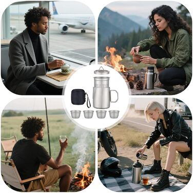 Компактний чайний набір Чайний Мандрівник 4 чашки, ситечко для чаю в комплекті, об'єм 50 мл, міцний термостійкий матеріал, преміум аксесуари для чаювання вдома та на природі