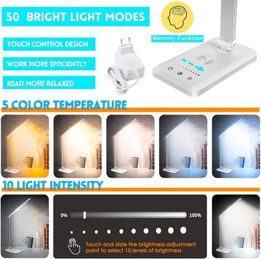 Настільна лампа BIENSER світлодіодна, бездротова зарядка 10 Вт і функція заряджання USB, настільна лампа офісної лампи з 10 рівнями яскравості x 5 кольорів, безпечний для очей світлодіод з регулюванням яскравості, чутливе керування, автоматичний таймер 30