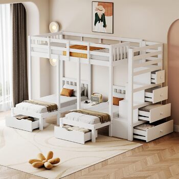 Двоярусне ліжко Billg 200x90 см для 3 дітей, дитяче ліжко із захистом від падіння, ліжко-горище з висувними ящиками, тумбочками і