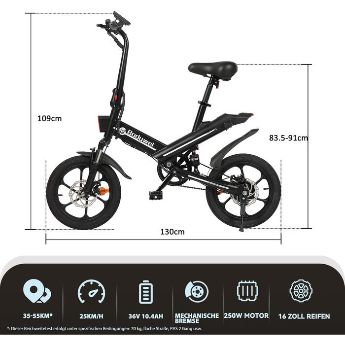 Електричний велосипед Bodywel T16 Mini E Bike 16 дюймів 250W 36V / 10.4Ah чорний