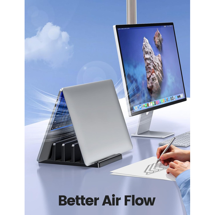 Вертикальна підставка для ноутбука - компактна та регульована, 5-в-1, з 3 слотами для MacBook, ноутбуків, iPad та ноутбуків до 17,3 дюймів - Чорна. Чорний / Schwarz