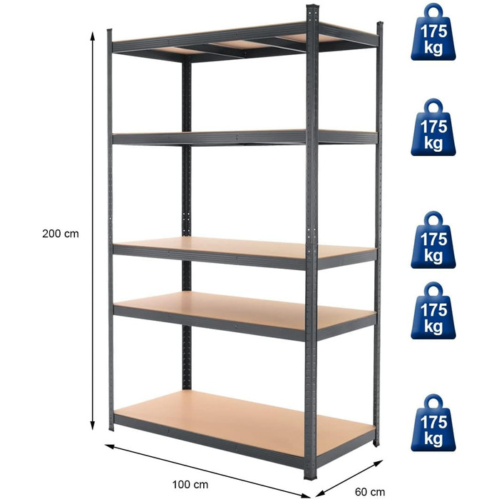 Стелаж для майстерні ECD Germany, міцний стелаж, 200x100x60 см, антрацит, метал з порошковим покриттям, 5 полиць МДФ, вантажопідйомність до 875 кг, стелаж для зберігання, стелаж без ригелів, стелаж для підвалу, стелаж для гаража, металевий стелаж, 200 x 1