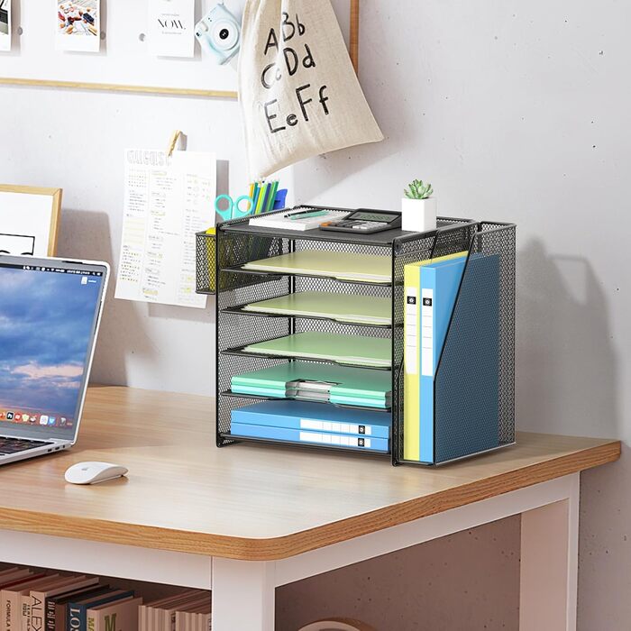 Настільний органайзер OUTWOLF з тримачем для файлів, 6-ярусні лотки для листів з 1 вертикальним відділенням, 1 тримач для ручок, сітчастий настільний органайзер, тримач для журналів та офісного приладдя, зберігання документів, чорний