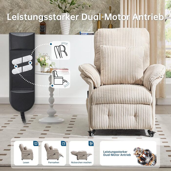 Моторне електричне крісло-реклайнер, крісло для телевізора з функцією відкидання, крісло для телевізора у вітальні з колесами, регульована спинка та підставка для ніг, 2 бічні кишені, вельветовий диван, бежевий, 2-