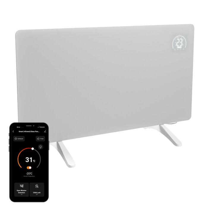 Інфрачервоний обігрівач Princess Connected - Carbon Crystal - Плоский настінний радіатор - 480 Вт - Регульований термостат до 50 C - 24-годинний таймер - Тижневе програмування - Білий або чорний (білий)