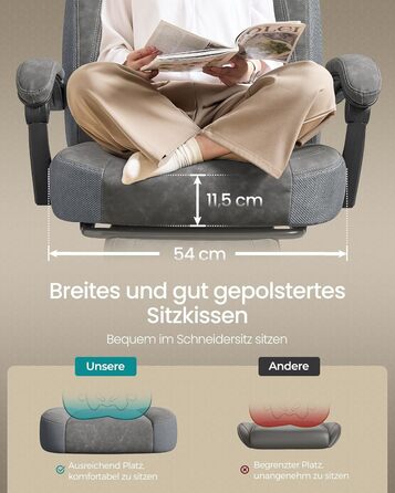 Ігрове крісло SONGMICS, офісне крісло, комп&39ютерне крісло, ергономічний дизайн, з підставкою для ніг, регульований підголівник, поперекова підтримка, вантажопідйомність 150 кг, сірий сланцевий колір OBG077G01, штучна замша сланцево-сірого кольору