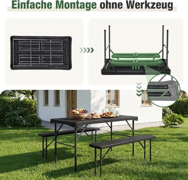 Складаний пластиковий пивний садовий набір Sekey Обідній стіл 113 x 61 см з 2 лавками для 4 осіб Набір для пивного саду для приміщень/вулиці Садовий комплект пивних столів (чорний) Чорний/113 см