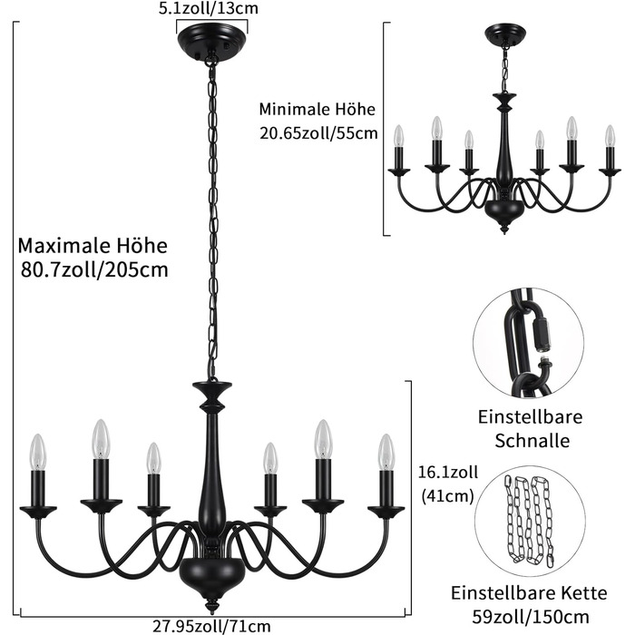 Люстра QAREHL Вінтажний стельовий світильник чорний, підвісний світильник на 6 полум'я Вітальня з цоколем E14, люстра чорна для спальні, кухні, передпокою