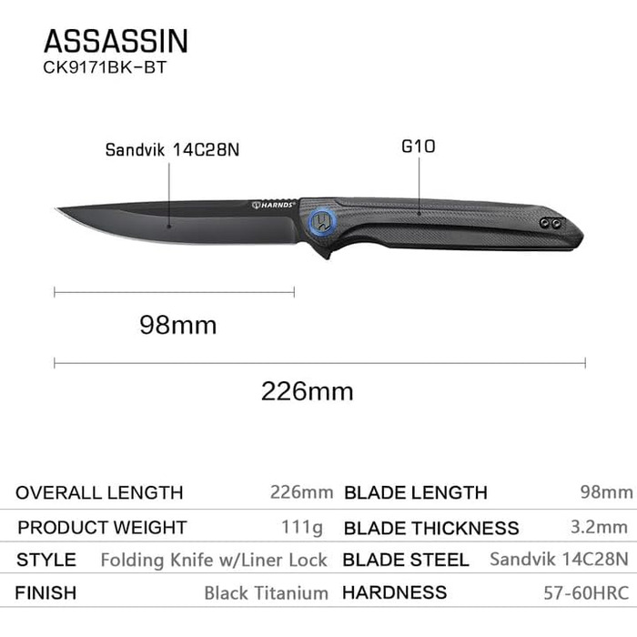Складаний ніж Harnds Assassin Titanium Outdoor Knife, кишеньковий ніж, що швидко відкривається, з лезом Sandvik 14C28N та ручкою G