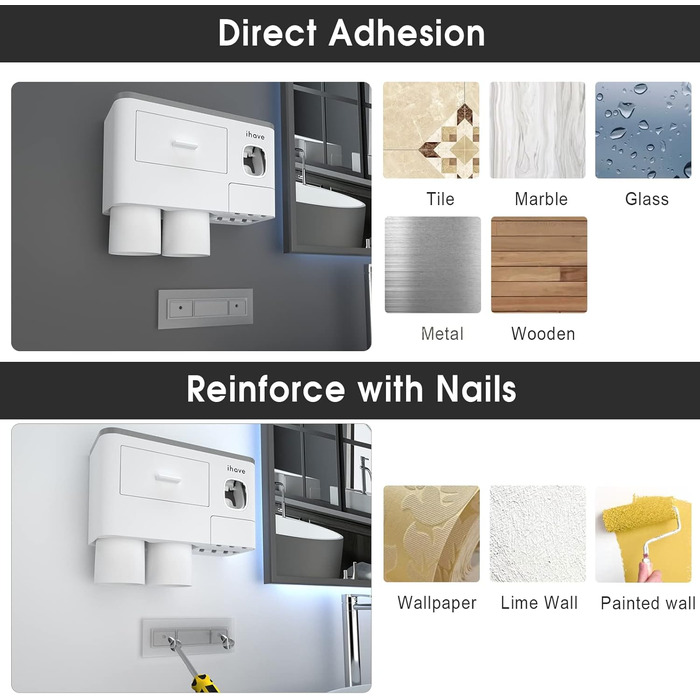 Тримач для зубних щіток для прикраси ванної кімнати, настінний тримач для зубних щіток на 2 кружки з дозатором зубної пасти, аксес