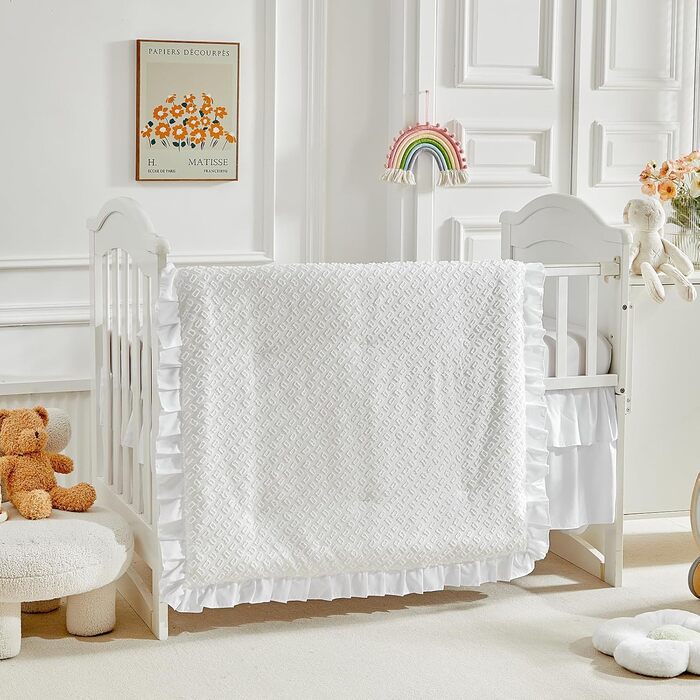 Комплект постільної білизни для дитячого ліжечка з 3 предметів з ворсистими бахромою, білим ворсистим ковдрою з простирадлом і спі