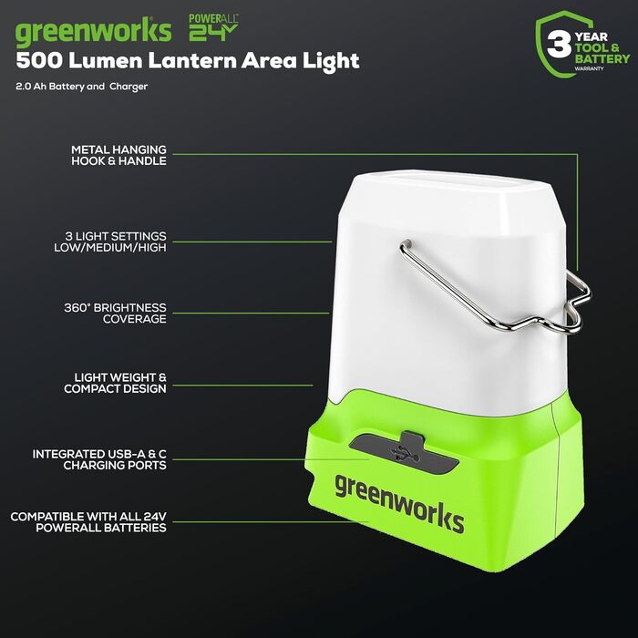 Ліхтар Greenworks 24V, бездротовий, 500 лм, комплект ліхтарів для кемпінгу з портами USB-A та USB-C, акумулятор 2Ah та зарядний пристрій у комплекті