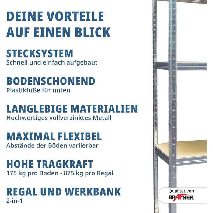 Міцний стелаж Grafner XXL з 5 полицями з МДФ, максимальне навантаження 875 кг, сертифікований TV/GS, закруглені кути, 90x40x180 см, стелаж без ригелів, полиця для зберігання, полиця для підвалу