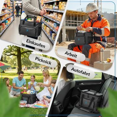 Сумка-холодильник 20 л та 30 л (складана) зберігає прохолоду 10-12 годин - ізольована сумка для покупок та ланчу з відкривачкою для пляшок та герметичним матеріалом PEVA для роботи, офісу, пікніка, шопінгу та будівництва, 20 літрів, чорна