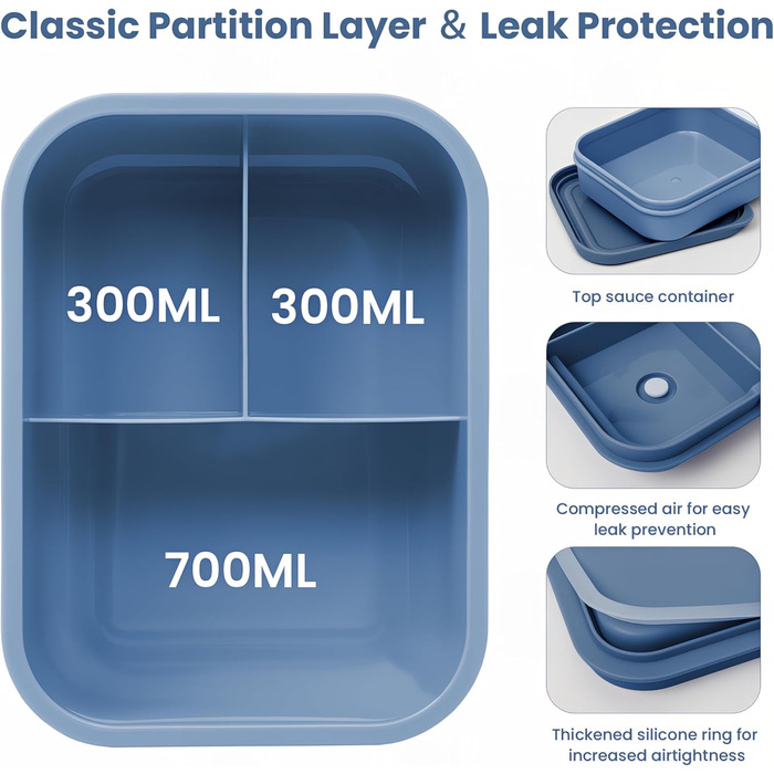 Ланчбокс дитячий Bugucat 1300 мл, герметичний контейнер для обіду з роздільниками та контейнером для соусу, для дітей та дорослих, без BPA, блакитний