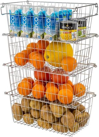 Кошик для зберігання в морозильній камері SANNO, штабелюється, для комори, зберігання та організації, штабелюється, контейнери для зберігання картоплі та цибулі, металеві кошики для зберігання, 4 шт. 40 см (Д) x 24 см (Ш) x 16 см (В), хром