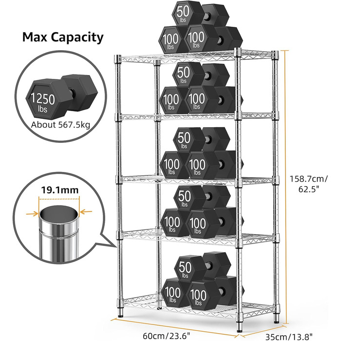 Міцний сталевий стелаж з 5 ярусами, дротяна полиця-органайзер для дому, кухні, офісу, максимальне навантаження 567,5 кг, хромоване покриття, 35 x 60 x 158,7 см.
