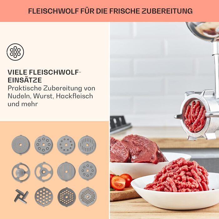 Кухонний комбайн Klarstein з м'ясорубкою, тістомісильна машина потужністю 1800 Вт маленька, 6 рівнів, вінчик для перемішування та гачок для тіста, планетарна мішалка, змішувальна машина з міксером Classic Cream