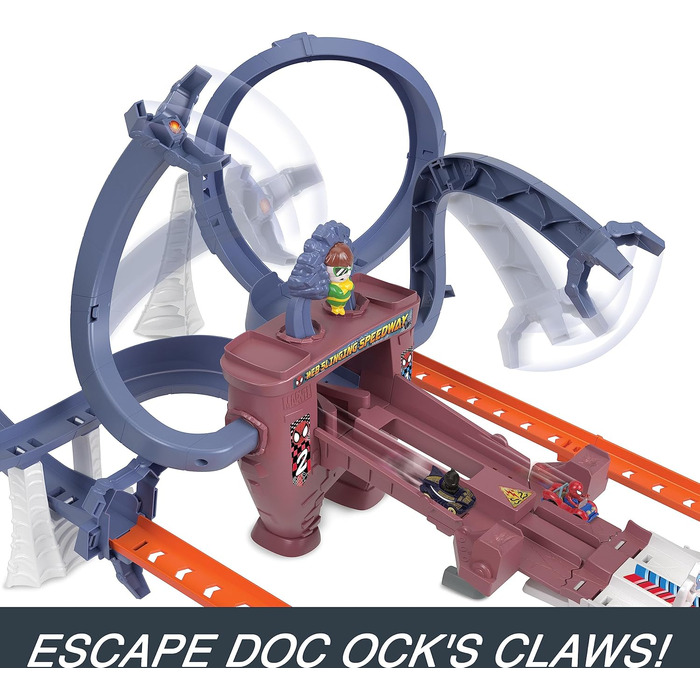 Гоночний трек з павутинням Людини-павука, 1 литий автомобіль з павучихи Гвен та 1 литий автомобіль з Людини-павука, швидкий старт,