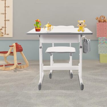 Дитячий письмовий набір, дитячий стіл з регульованою висотою (стіл 64-76 см, стілець 36-42 см), стіл з гачками, шухлядою та лотком для ручок для дітей віком 3-18 років, навчання письму та малюванню (кремово-білий)