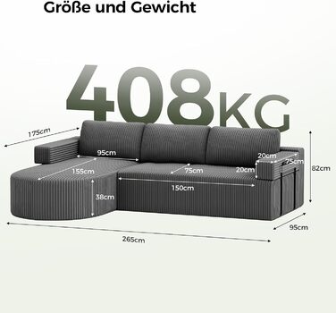 Кутовий диван з функцією сну, вельветовий L-подібний диван-ліжко, диван без кісток, секційний диван-ліжко з сидінням 75 см, модульний диван-ліжко із заокругленим шезлонгом, світло-сірий