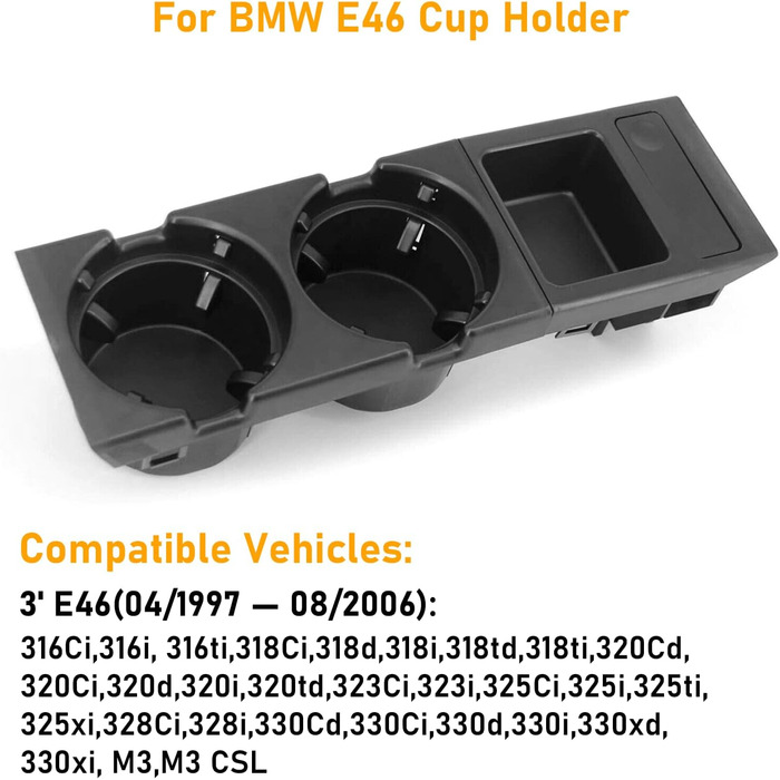 Сумісний з BMW 3 серії підсклянник автомобіля E46 1997-2006 центральної консолі підсклянник автомобіля 3 серії 316i 318i 318d 320i 320d 323i 325i 325xi 328i 330i 330xi M3 (51168217953)-чорний чорний E46