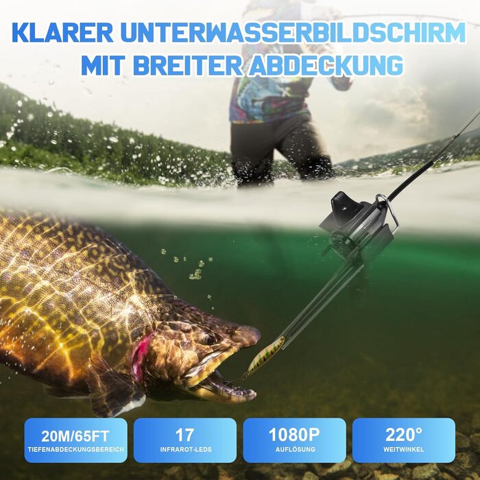 Портативний 5-дюймовий IPS-ехолот з 17 ІЧ-світлодіодами та 20-метровим кабелем - рибальська камера 1080P з широким кутом огляду 220 - водонепроникна IP68, підводна рибальська камера ємністю 6000 мАг для човна, підлідної риболовлі, морської та річкової риб