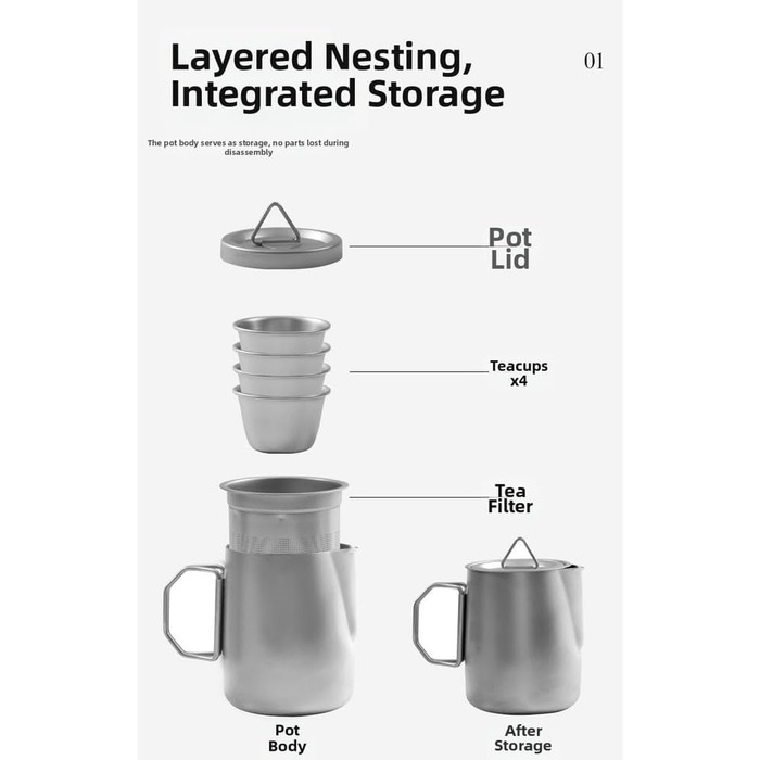 Чайний сервіз з нержавіючої сталі 304 для подорожей та кемпінгу на 4 особи, з фільтром та герметичним носиком, включає чайник та 4 чашки