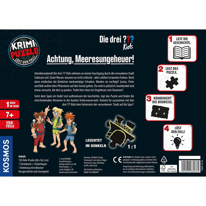 Три слідчі Kids - Crime Puzzle - Attention, Sea Monsters by KOSMOS 680664, 150 деталей, Світиться в темряві, Читання, Пазли, Розга