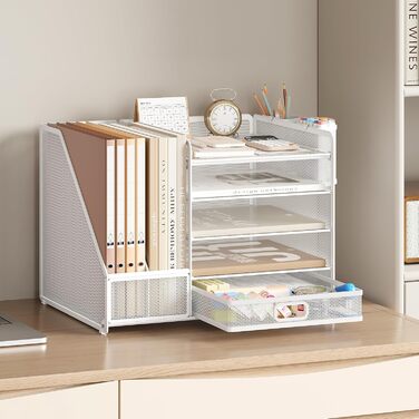 Органайзер для столу VITVITI, 5-ярусний лоток для листів з висувними шухлядами, тримач для файлів з 2 тримачами для ручок, офісний органайзер зі стоячими файлами, канцелярське приладдя для зберігання документів формату A4 (білий)