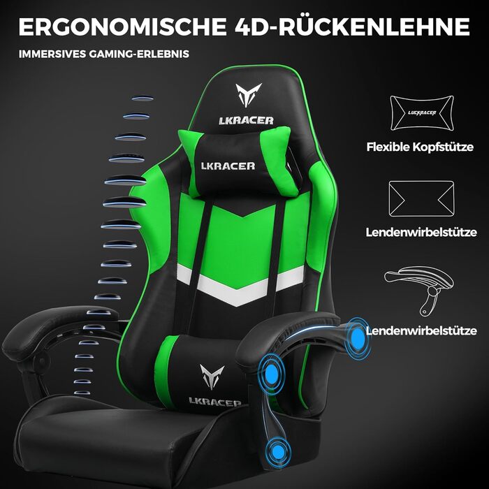 Ігрове крісло GTPLAYER, офісне крісло, масажне ігрове крісло, ергономічне ігрове крісло, підголівник, масажна подушка для попереку, м&39яке ігрове крісло, обертове крісло, 150 кг, зелене