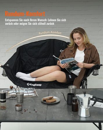 Розкладний кемпінговий диван KingCamp (до 300 кг), розкішне розкладне кемпінгове крісло для 2 осіб, м&39який кемпінговий диван з підлокітниками, подвійне кемпінгове крісло з високою спинкою, 1-, 2- та 3-місна кемпінгова лавка для саду або балкону (L - чор