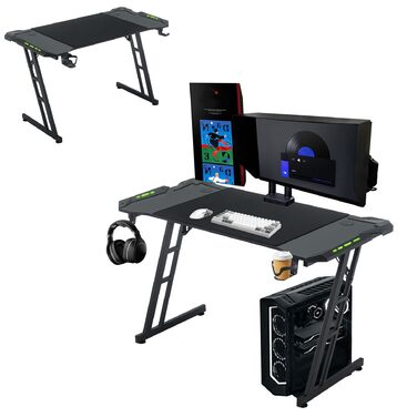 Ігровий стіл Froadp зі світлодіодним підсвічуванням, 120x60 см, Z-подібний ігровий стіл для ПК, чорна вуглецева поверхня, ергономічний комп&39ютерний стіл з підставкою для чашок та гачками для навушників, вантажопідйомність 150 кг, 120 см, з RGB-світлодіо